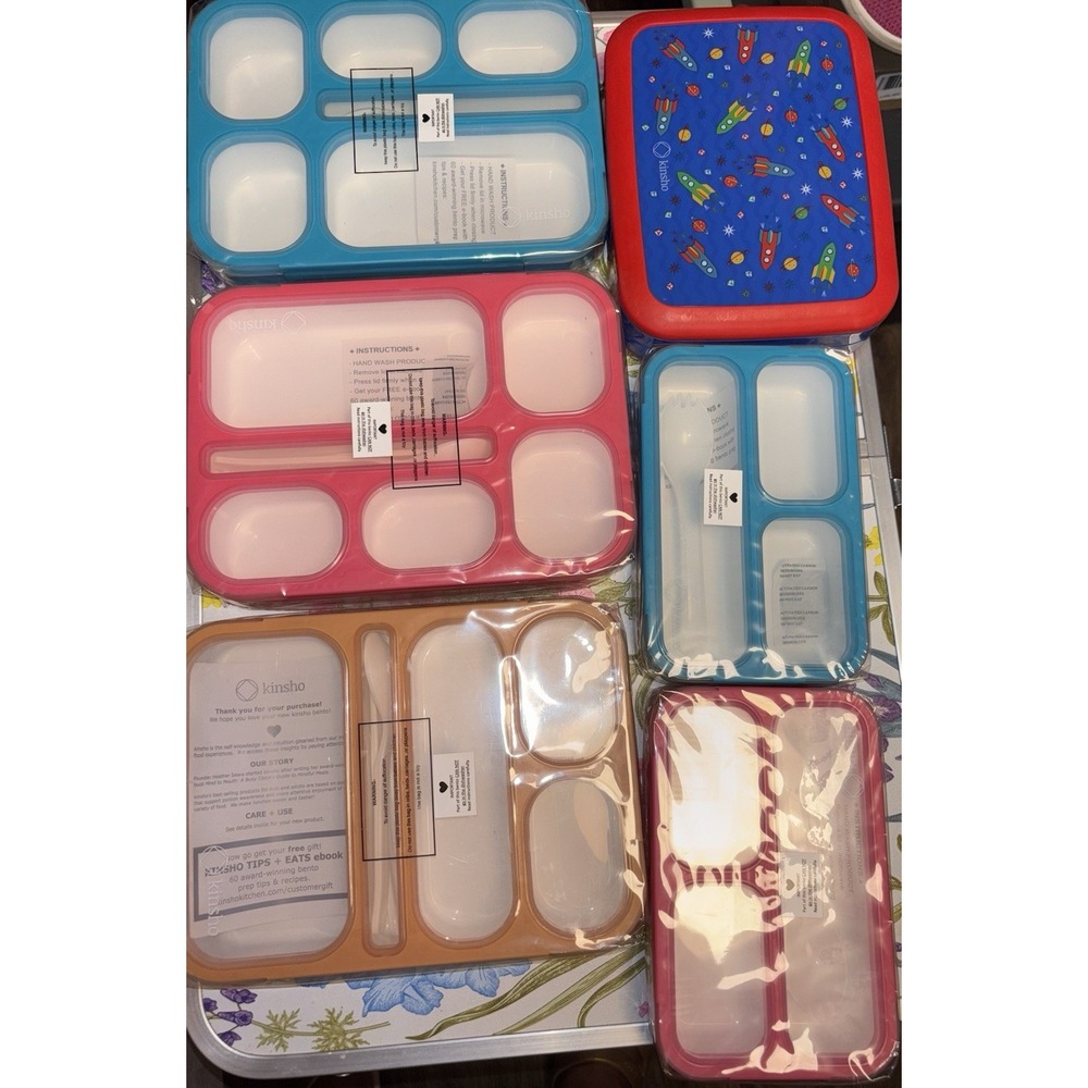 Kinsho Bento Box Lunch Container Set 6pc Leakproof Multi Compartment Space Blue